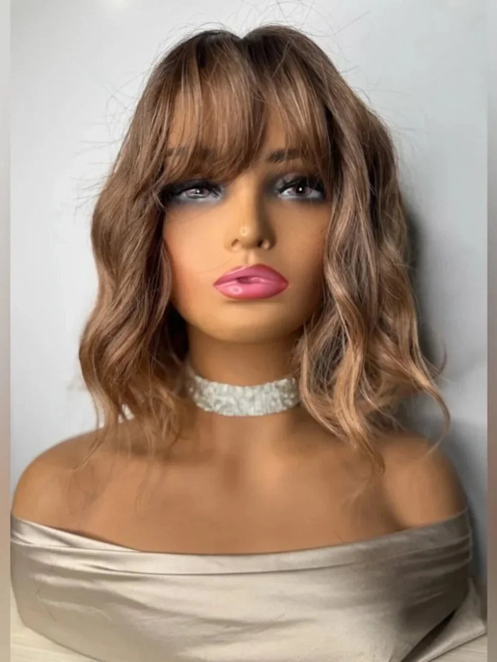 Mocha Brown Wavy Synthetic Wig with Bangs | Shoulder Length | Natural Part